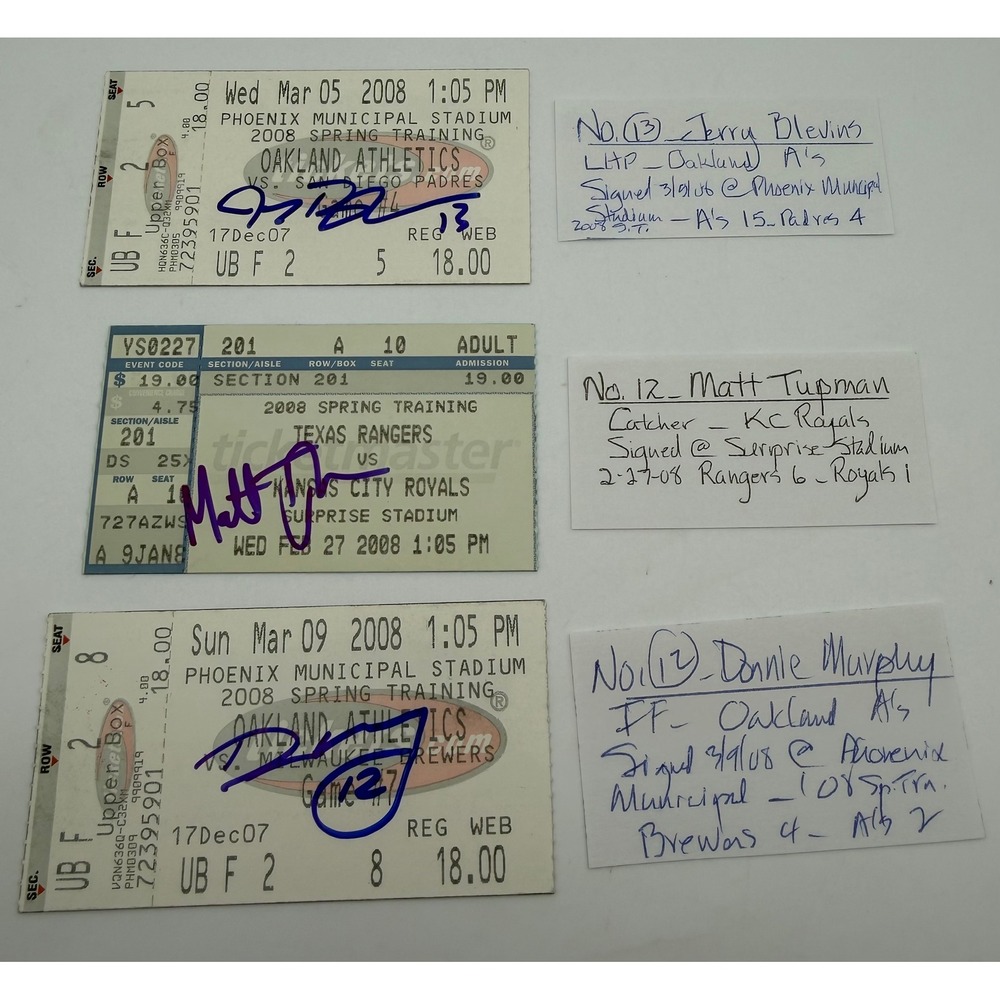 3 Signed 2008 MLB Spring Training Tickets Jerry Blevins Mat Tupman Donnie Murphy